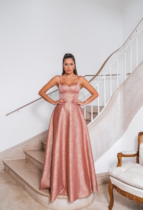 VESTIDO LONGO MESCLA  ROSE COM CASAQUINHO